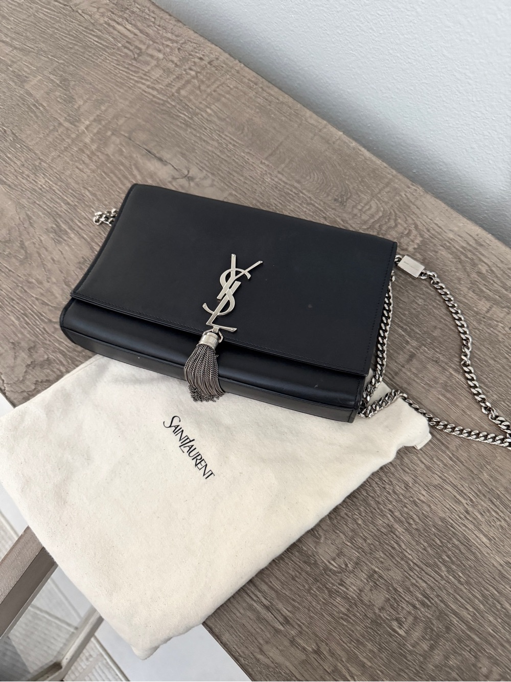 Saint Laurent Black Leather YSL Tassel Crossbody Bag